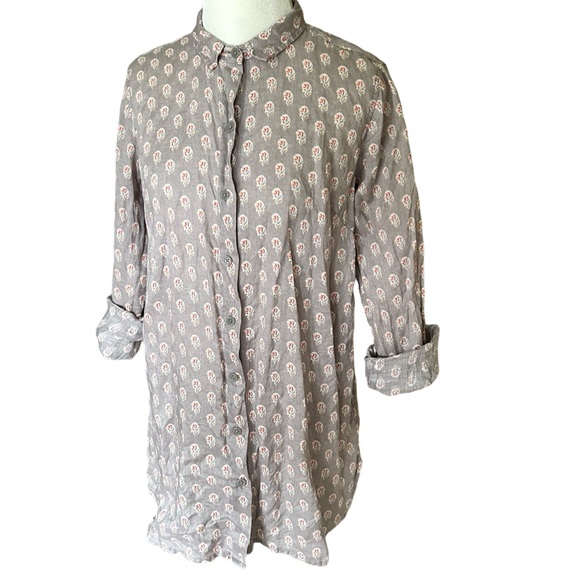 Garnet Hill Gray Floral 100% Linen Floral Button Down Blouse Size 4 - Picture 3 of 12
